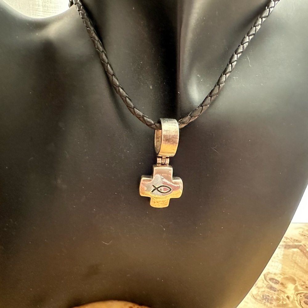 Silpada Sterling Silver Cross Pendant on Black Leather Cord. Ichthus Pendant.